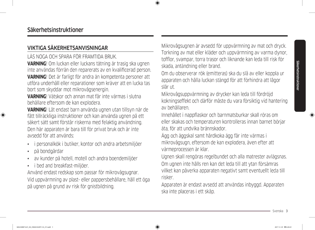 Samsung MS22M8074AT/EE manual Säkerhetsinstruktioner, Svenska  